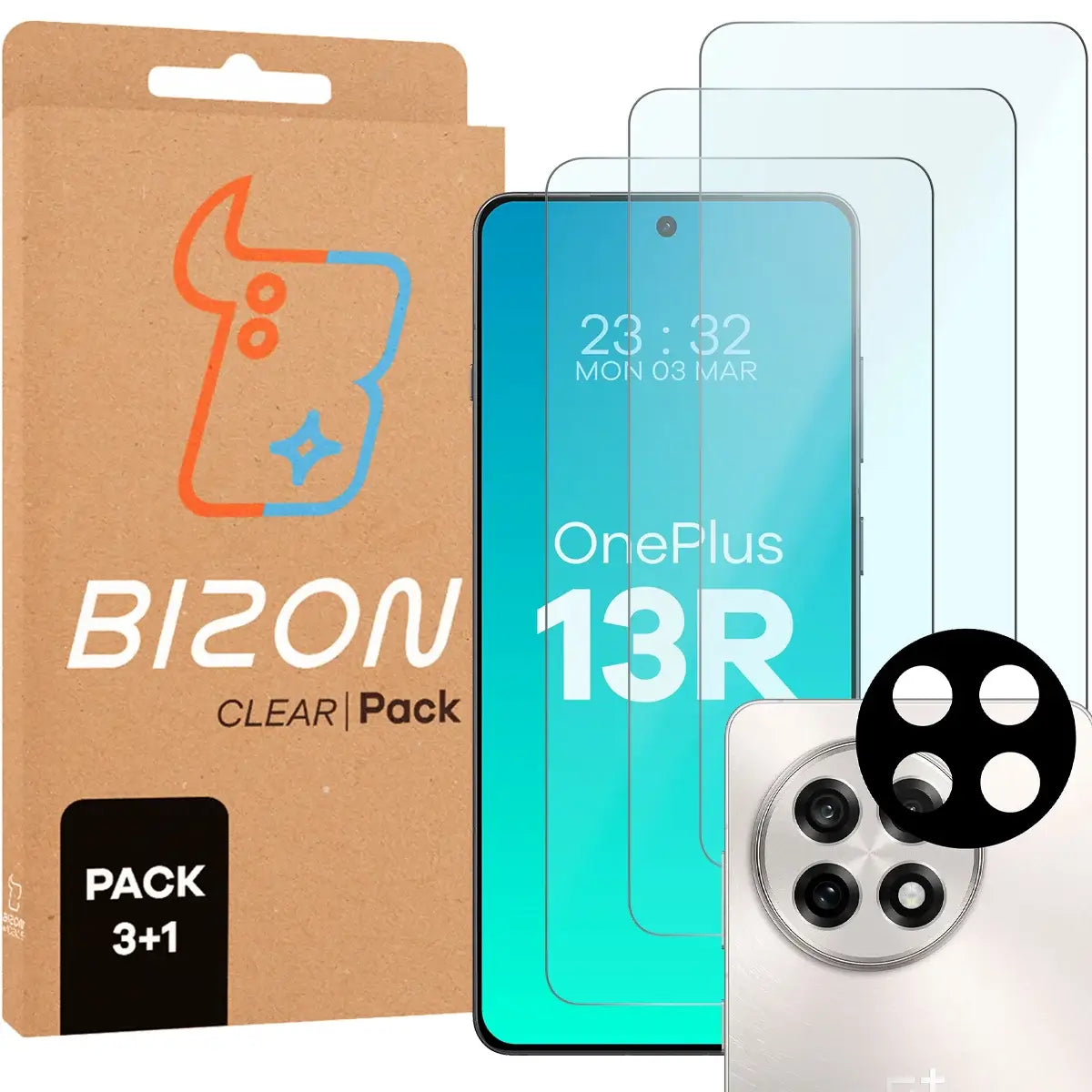 Gehärtetes Glas - 3 Stück + Kameraschutz für OnePlus 13r, Bizon Glass Clear Pack