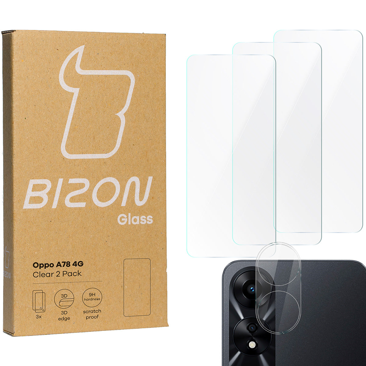 Gehärtetes Glas Bizon Glass Clear 2 Pack - 3 Stück + Kameraschutz, Oppo A78 4G