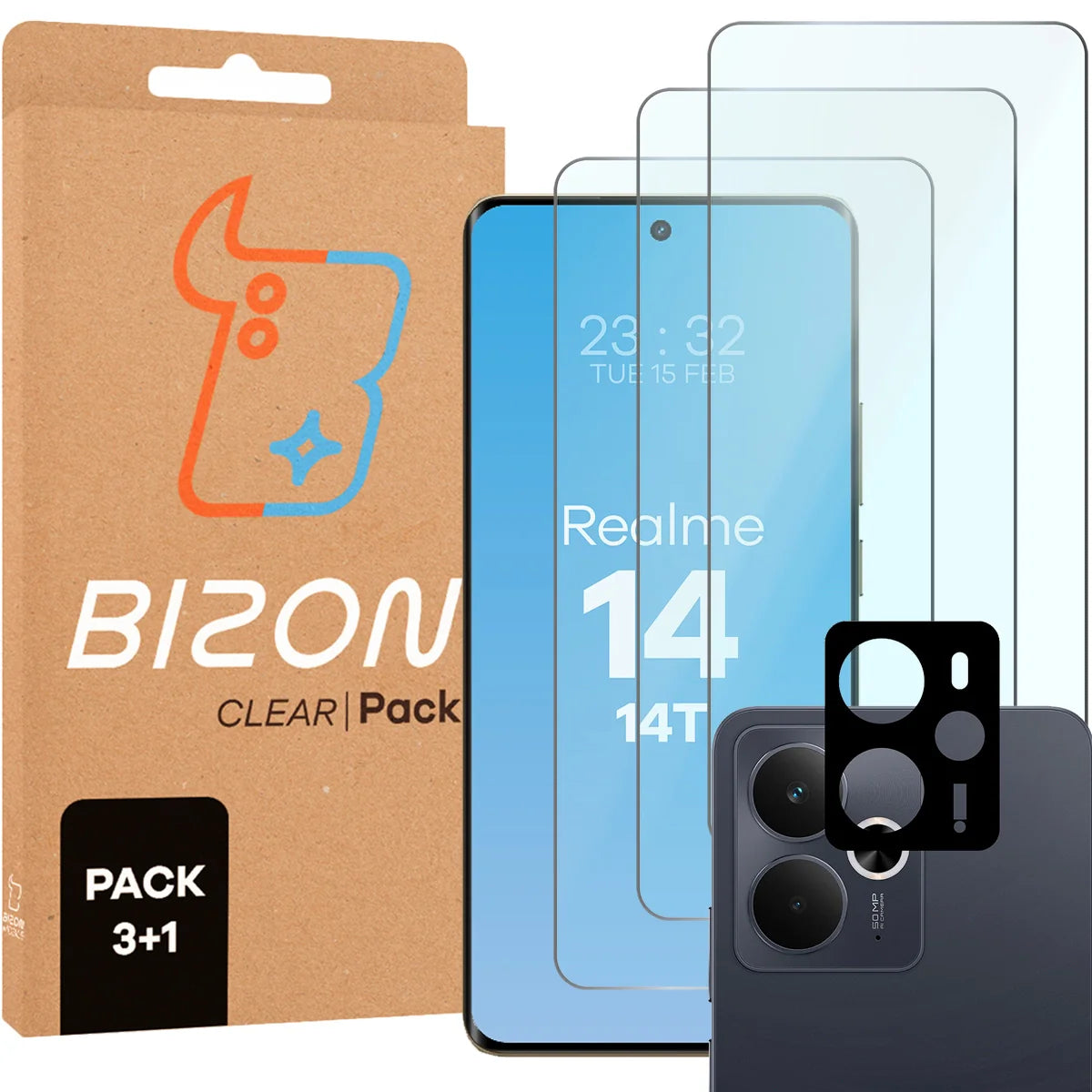 Gehärtetes Glas - 3 Stück + Kameraschutz für Realme 14 5G / 14T 5G, Bizon Glass Clear Pack