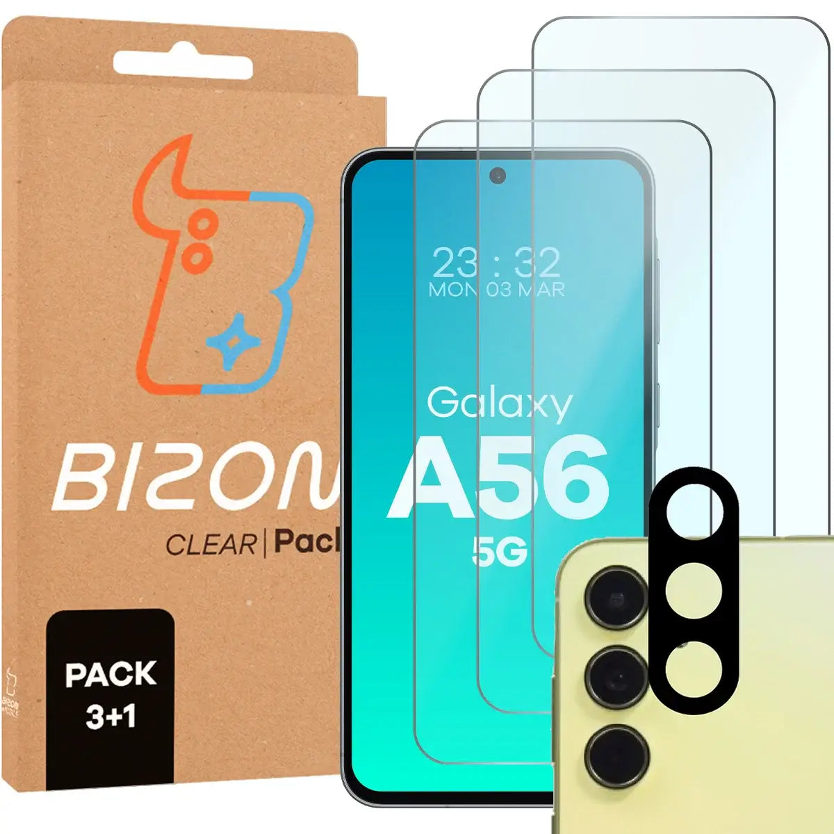 Gehärtetes Glas - 3 Stück + Kameraschutz für Galaxy A56 5G, Bizon Glass Clear 2 Pack