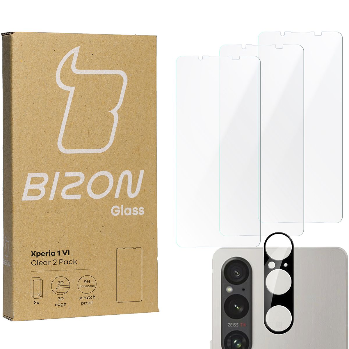 Gehärtetes Glas - 3 Stück + Kameraschutz für Sony Xperia 1 VI, Bizon Glass Clear 2 Pack