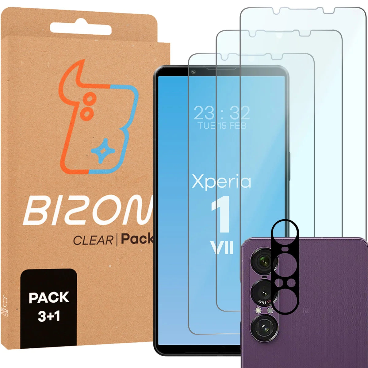Gehärtetes Glas - 3 Stück + Kameraschutz für Sony Xperia 1 VII, Bizon Glass Clear Pack