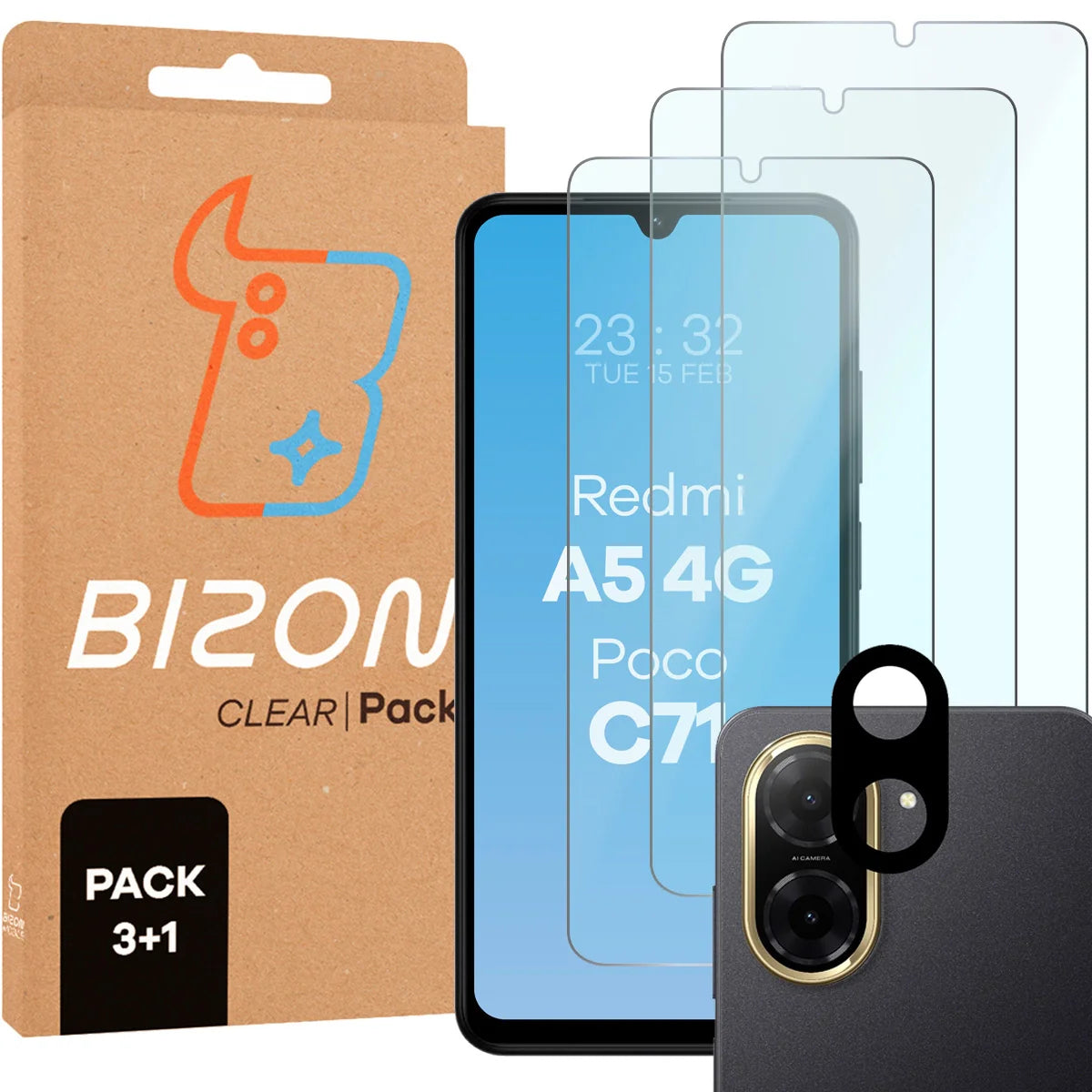 Gehärtetes Glas - 3 Stück + Kameraschutz für Xiaomi Redmi A5 4G / POCO C71 4G, Bizon Glass Clear 2 Pack