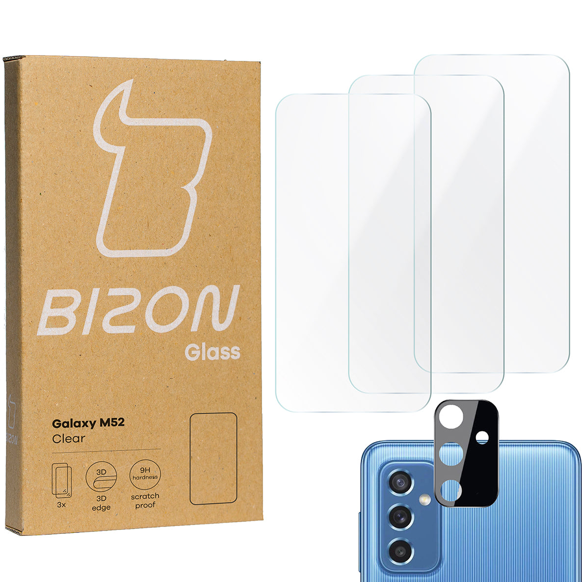 Gehärtetes Glas Bizon Glass Clear - 3 Stück + Kameraschutz für Galaxy M52