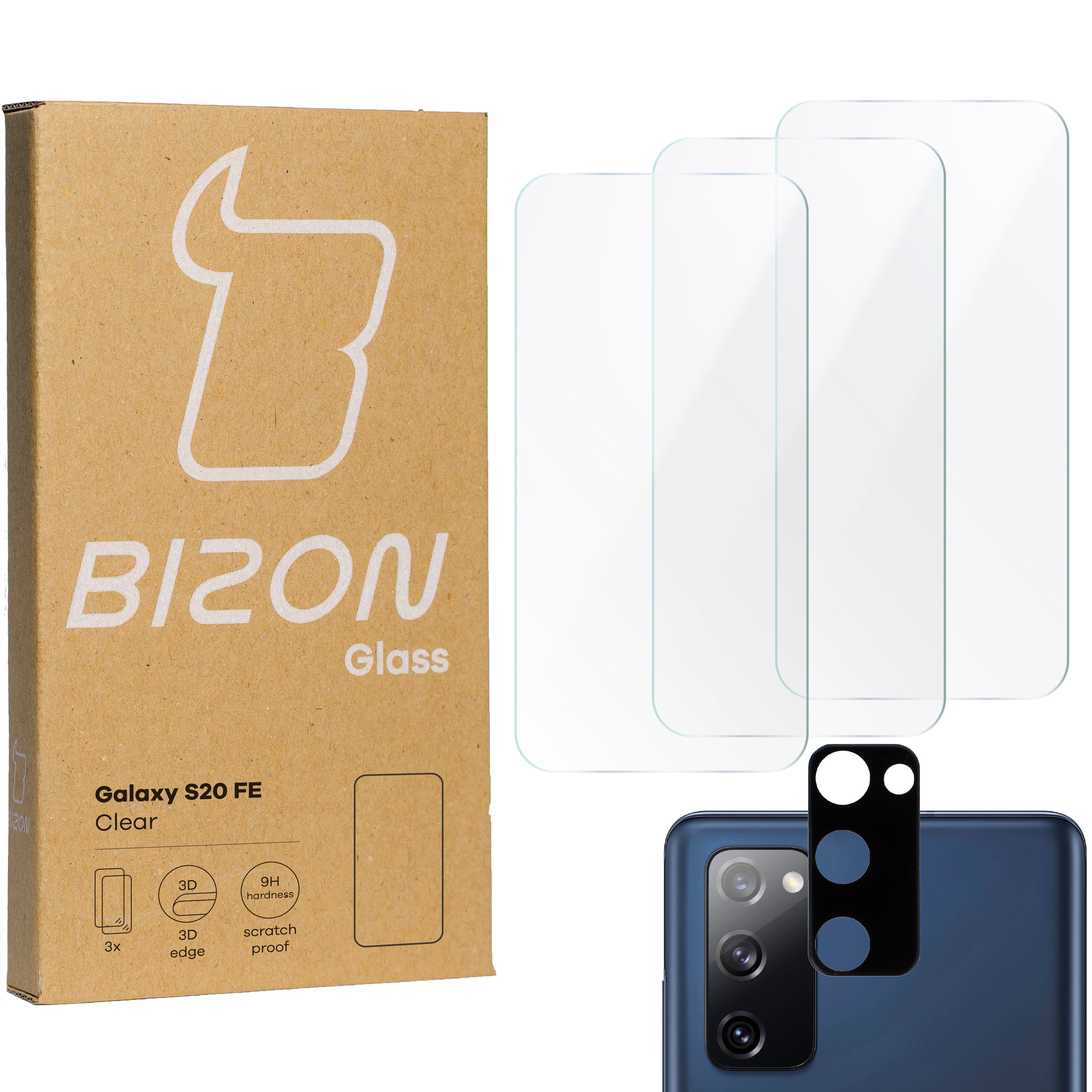 Gehärtetes Glas Bizon Glass Clear - 3 Stück + Kameraschutz für Galaxy S20 FE