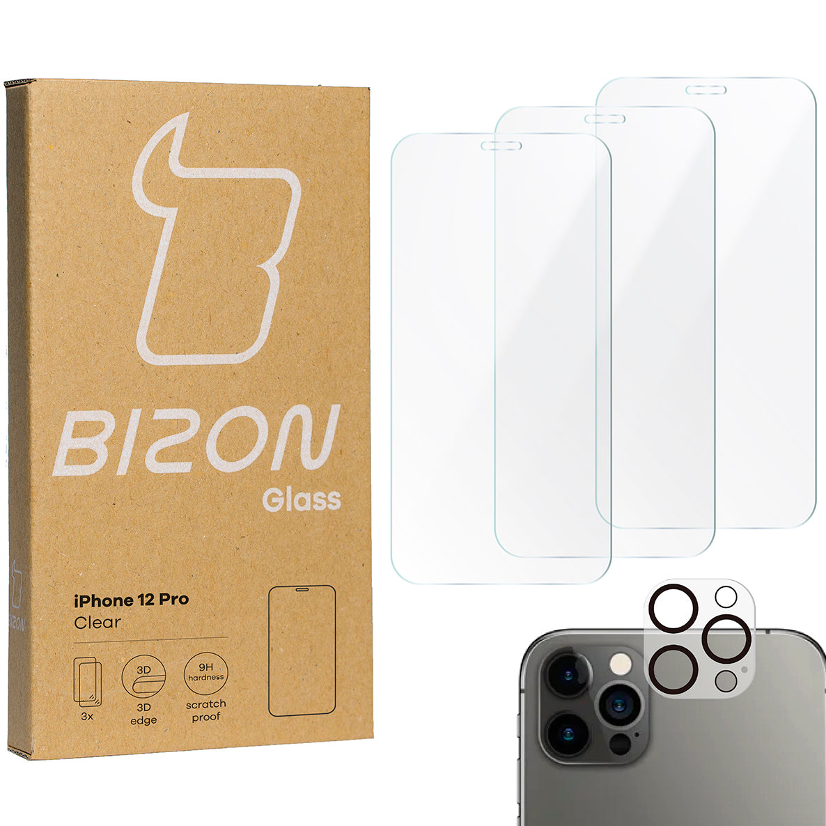 Gehärtetes Glas Bizon Glass Clear - 3 Stück + Kameraschutz für iPhone 12 Pro