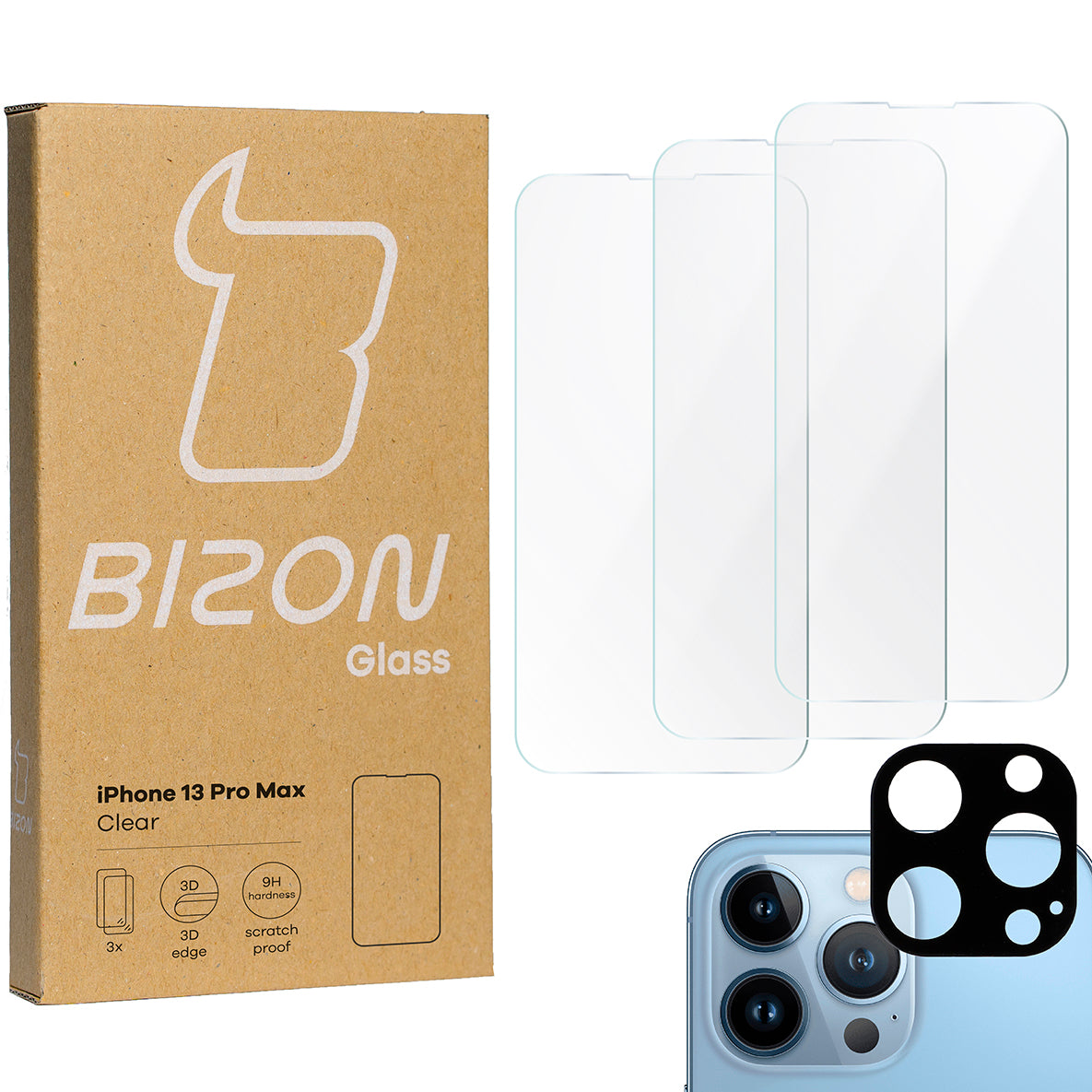Gehärtetes Glas Bizon Glass Clear - 3 Stück + Kameraschutz für iPhone 13 Pro Max