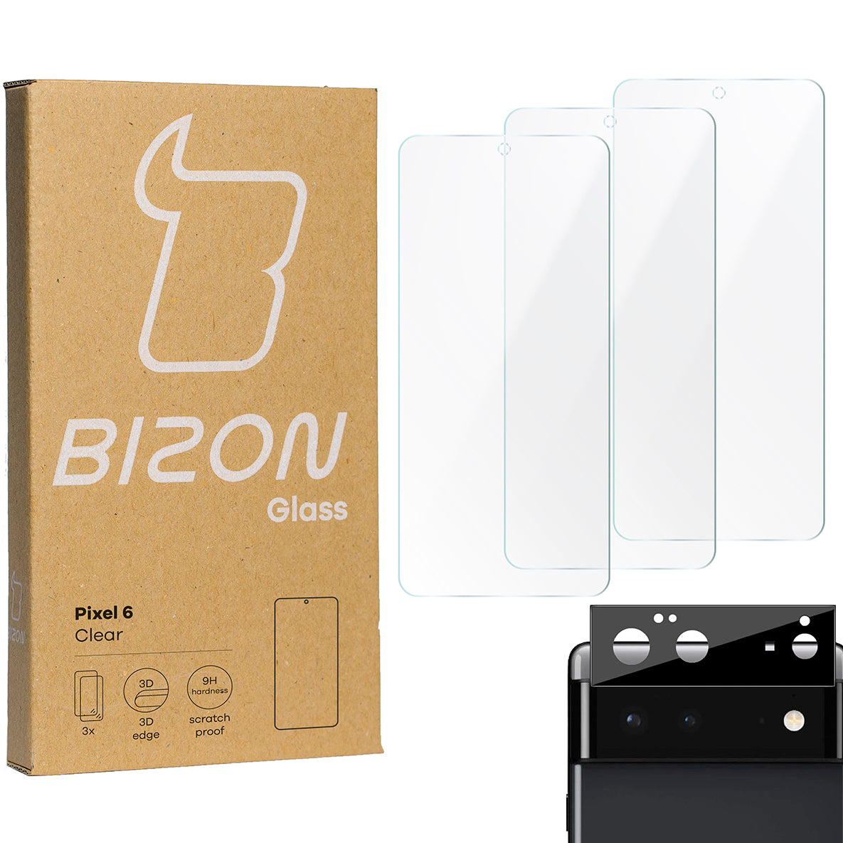 Gehärtetes Glas Bizon Glass Clear - 3 Stück + Kameraschutz für Google Pixel 6