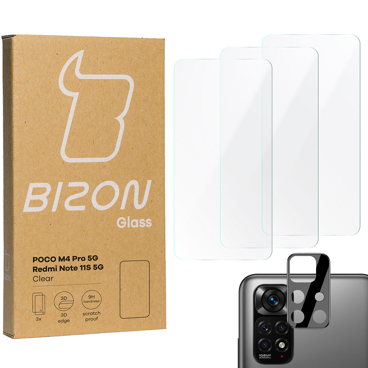 Gehärtetes Glas Bizon Glass Clear - 3 Stück + Kameraschutz für Poco M4 Pro 5G / Redmi Note 11S 5G