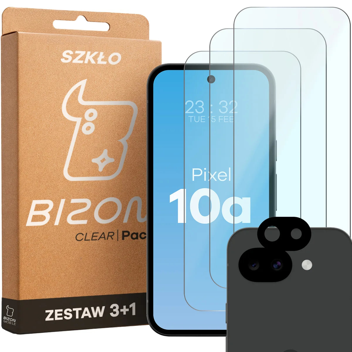 Gehärtetes Glas - 3 Stück + Kameraschutz für Google Pixel 10a, Bizon Glass Clear Pack