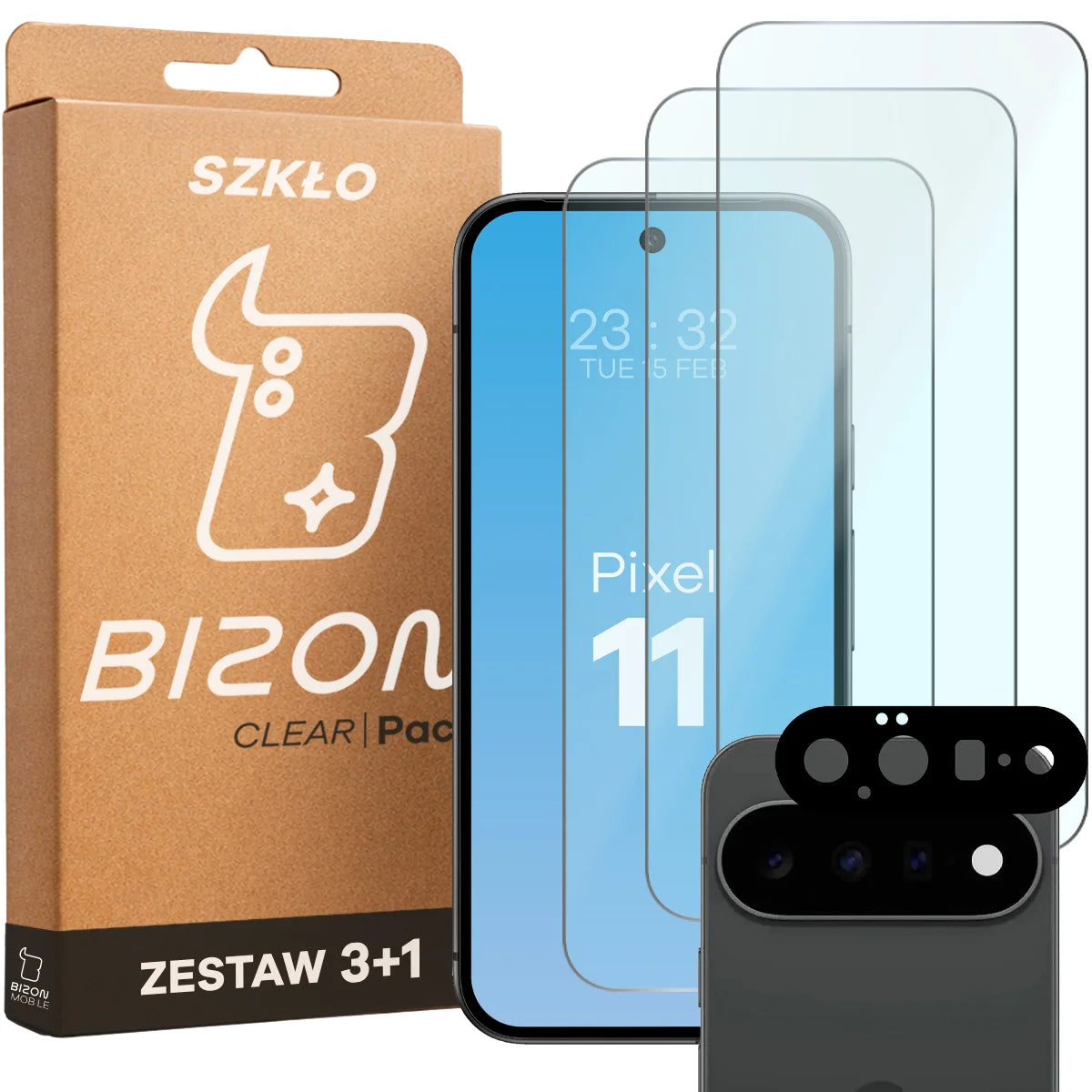 Gehärtetes Glas - 3 Stück + Kameraschutz für Google Pixel 11, Bizon Glass Clear Pack