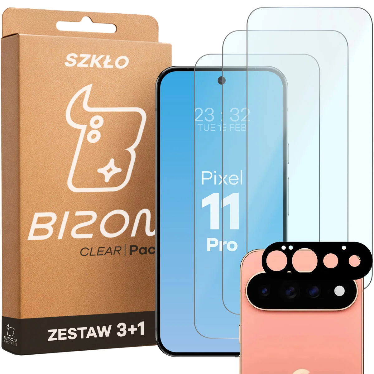 Gehärtetes Glas - 3 Stück + Kameraschutz für Google Pixel 11 Pro, Bizon Glass Clear Pack