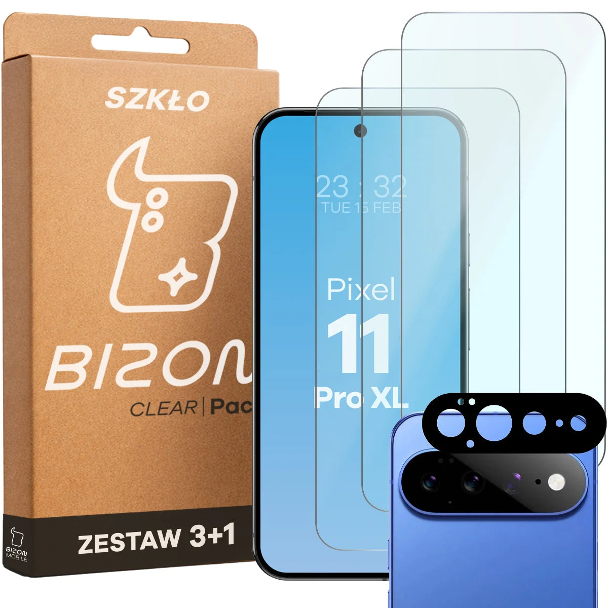 Gehärtetes Glas - 3 Stück + Kameraschutz für Google Pixel 11 Pro XL, Bizon Glass Clear Pack
