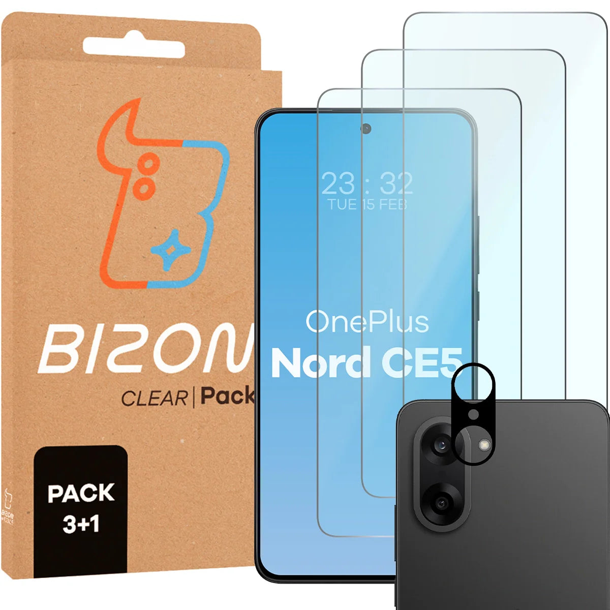 Gehärtetes Glas - 3 Stück + Kameraschutz für OnePlus Nord CE5 5G, Bizon Glass Clear Pack