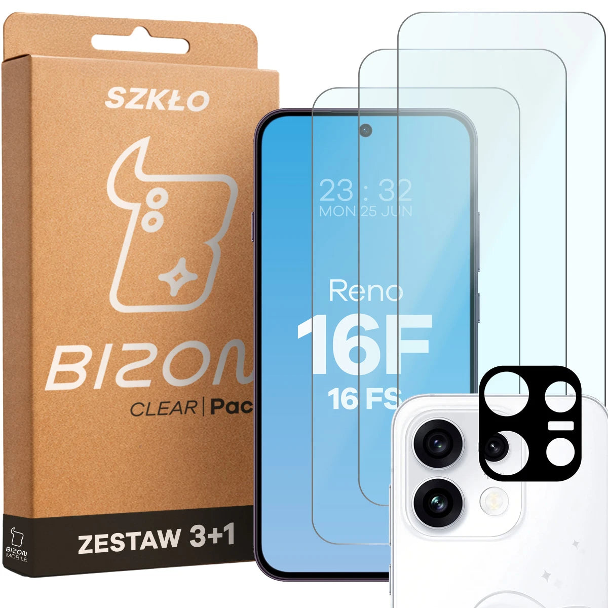 Gehärtetes Glas - 3 Stück + Kameraschutz für Oppo Reno16 F / Reno16 FS, Bizon Glass Clear Pack (1/6)
