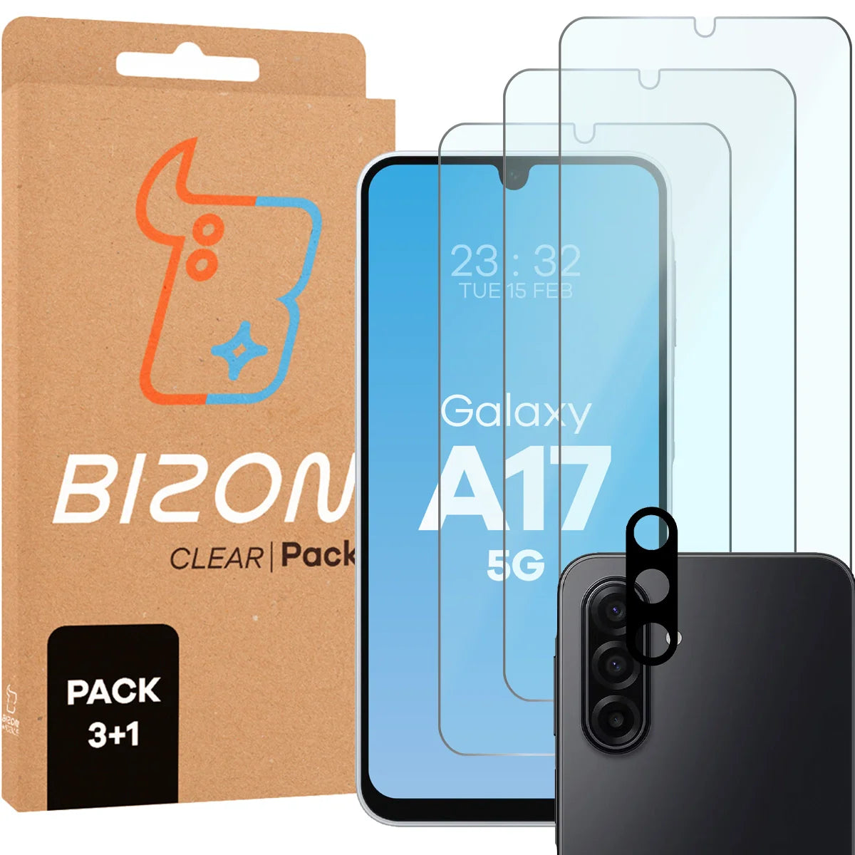 Gehärtetes Glas - 3 Stück + Kameraschutz für Galaxy A17 5G, Bizon Glass Clear Pack