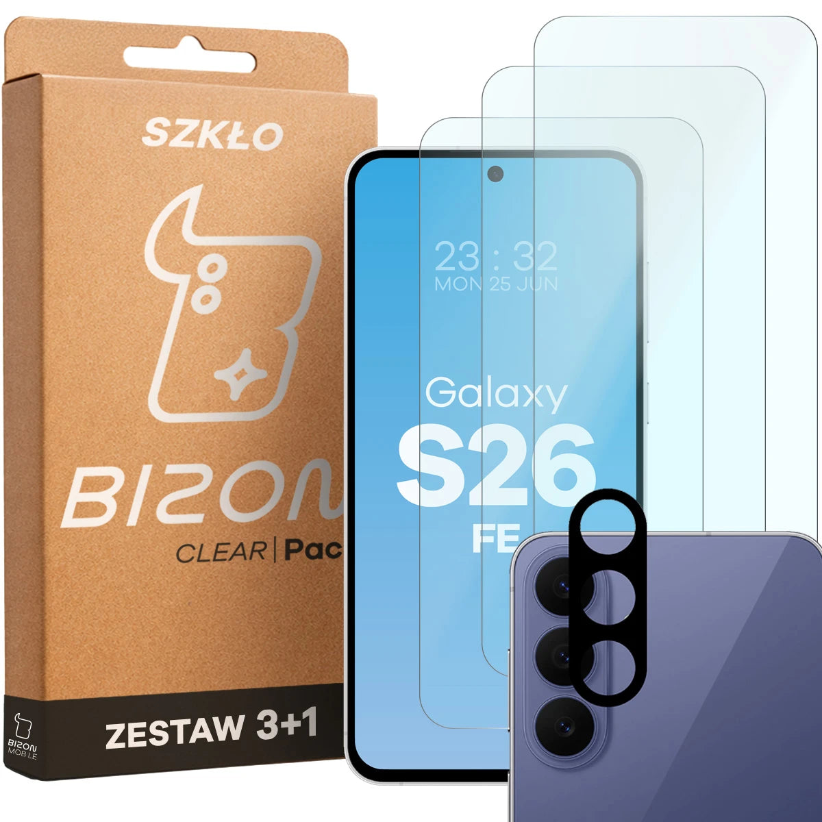 Gehärtetes Glas - 3 Stück + Kameraschutz für Galaxy S26 FE, Bizon Glass Clear Pack (1/6)