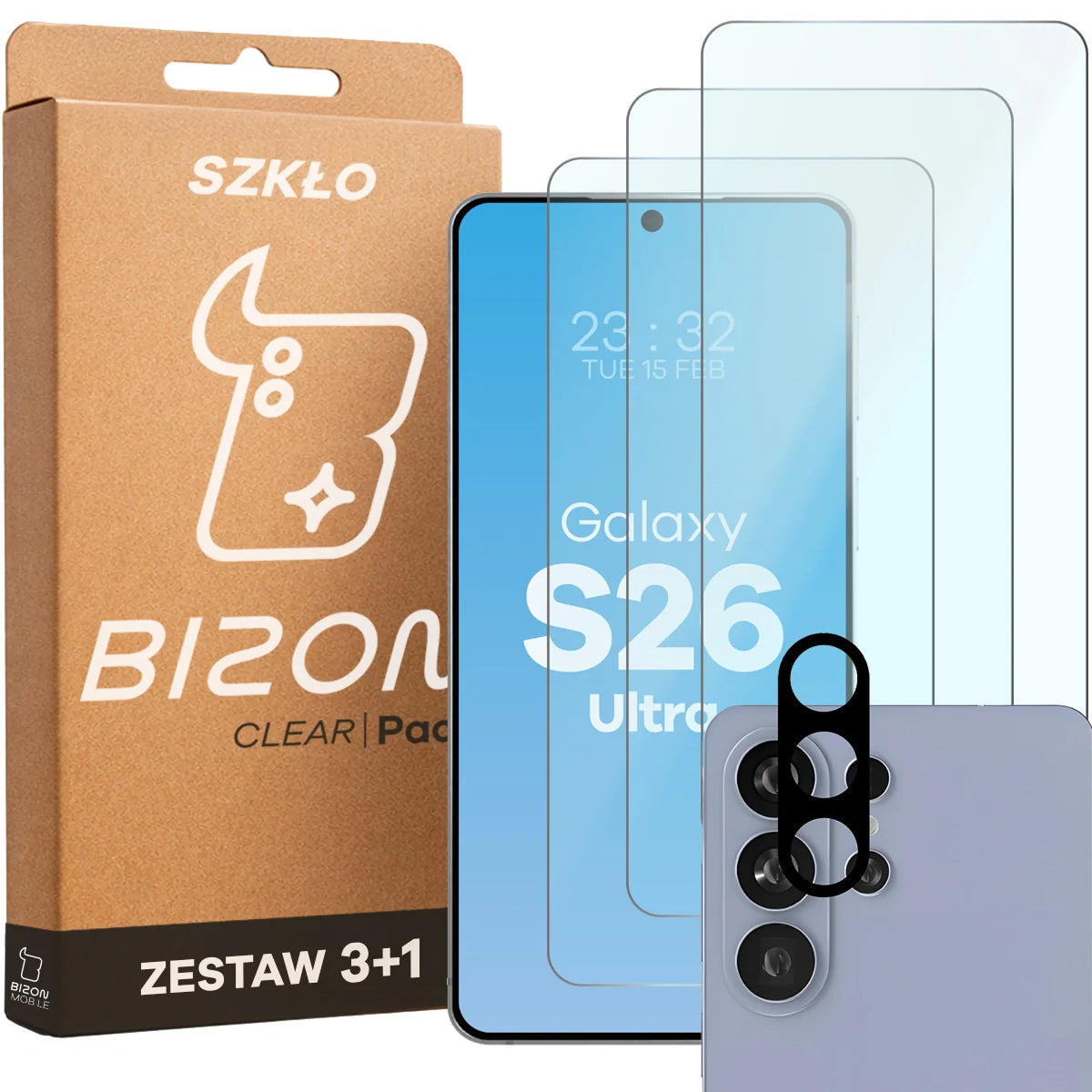 Gehärtetes Glas - 3 Stück + Kameraschutz für Galaxy S26 Ultra, Bizon Glass Clear Pack