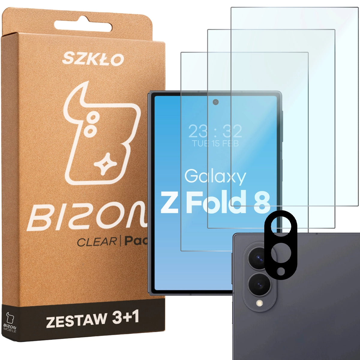 Gehärtetes Glas - 3 Stück + Kameraschutz für Galaxy Z Fold8, Bizon Glass Clear Pack