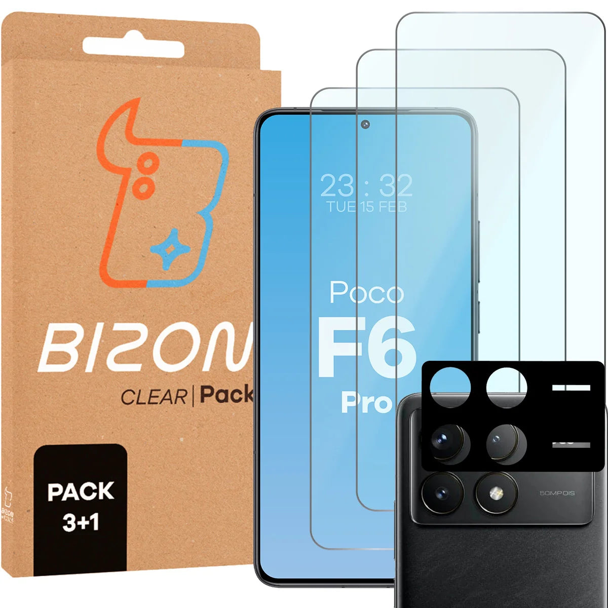 Gehärtetes Glas - 3 Stück + Kameraschutz für Xiaomi POCO F6 Pro, Bizon Glass Clear Pack