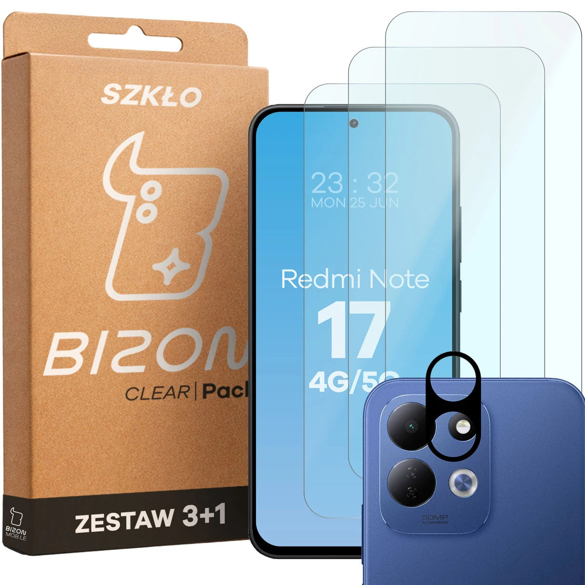 Gehärtetes Glas - 3 Stück + Kameraschutz für Xiaomi Redmi Note 17 4G/5G, Bizon Glass Clear Pack (1/5)