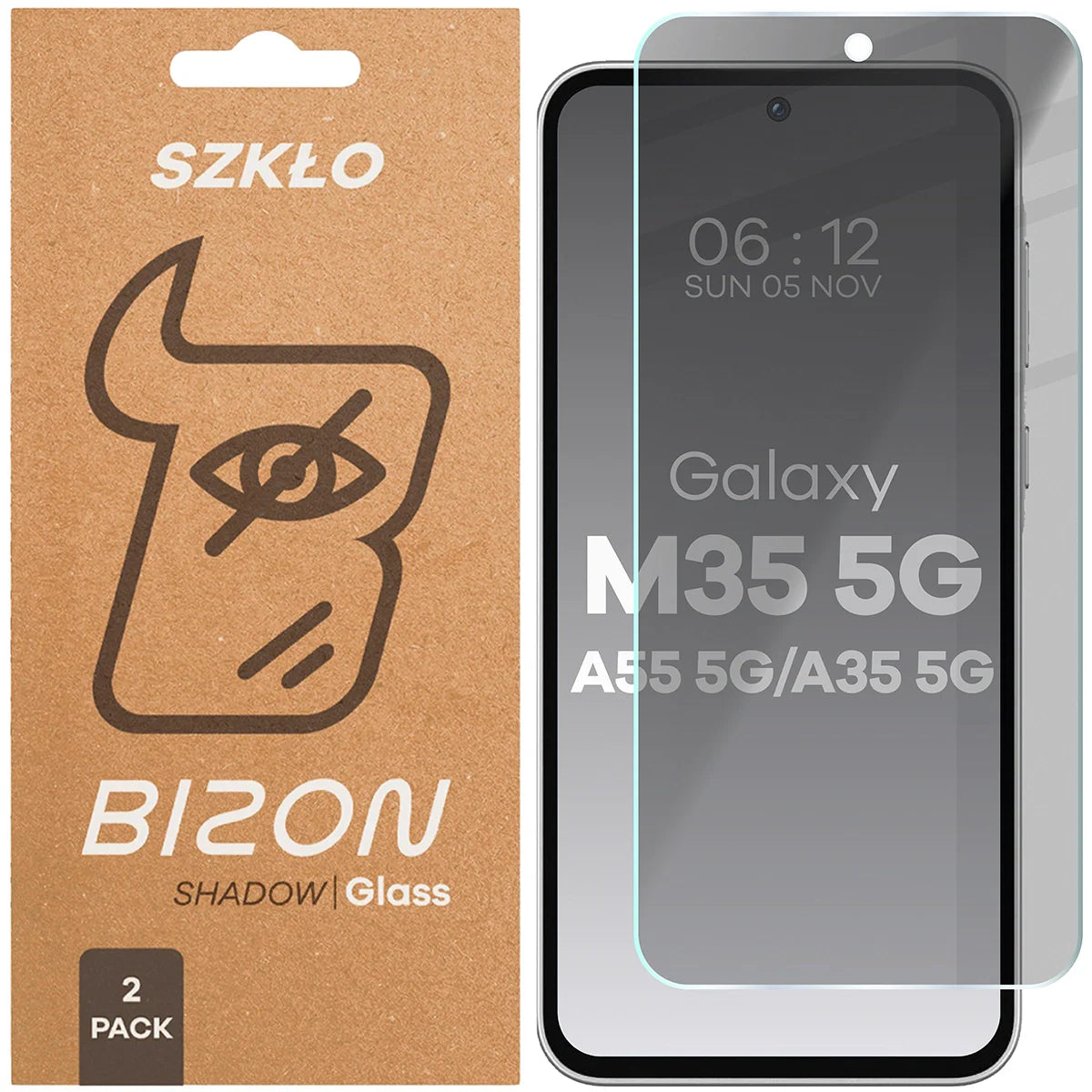Gehärtetes Glas mit Privatschutzfilter für Galaxy M35 5G / A35 5G / A55 5G, Bizon Glass Clear Shadow Duo, getönt, 2 Stück