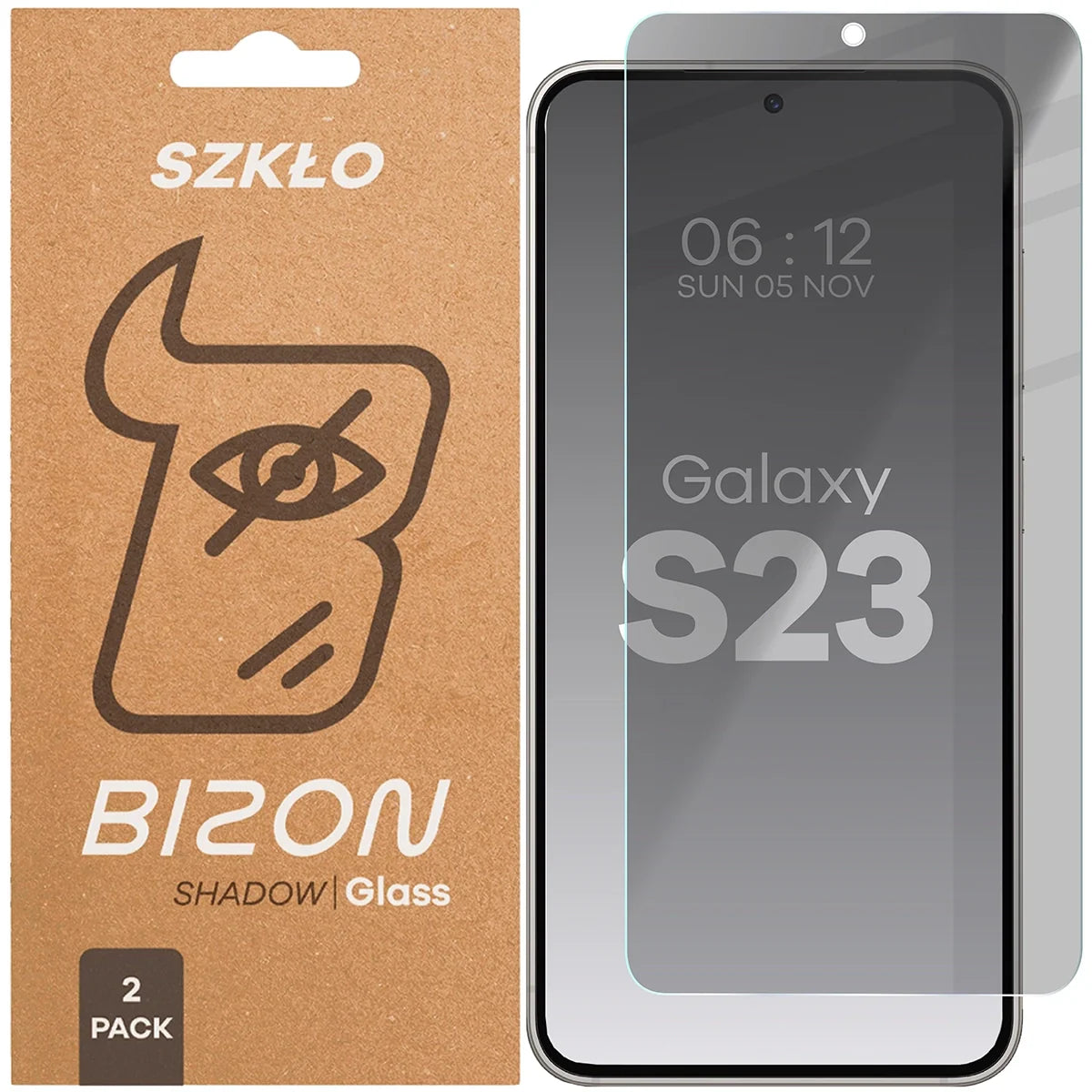 Gehärtetes Glas mit Privatschutzfilter für Galaxy S23, Bizon Glass Clear Shadow Duo, getönt, 2 Stück