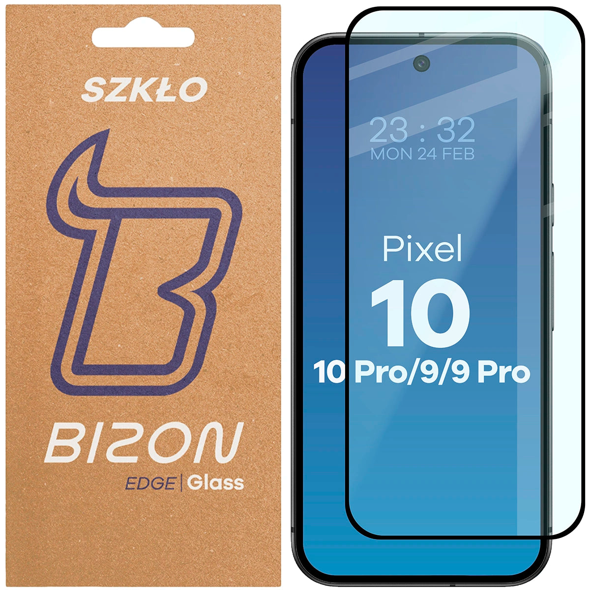 Gehärtetes Glas für Google Pixel 10 / 10 Pro / 9 / 9 Pro, Bizon Glass Edge 2, schwarzer Rahmen