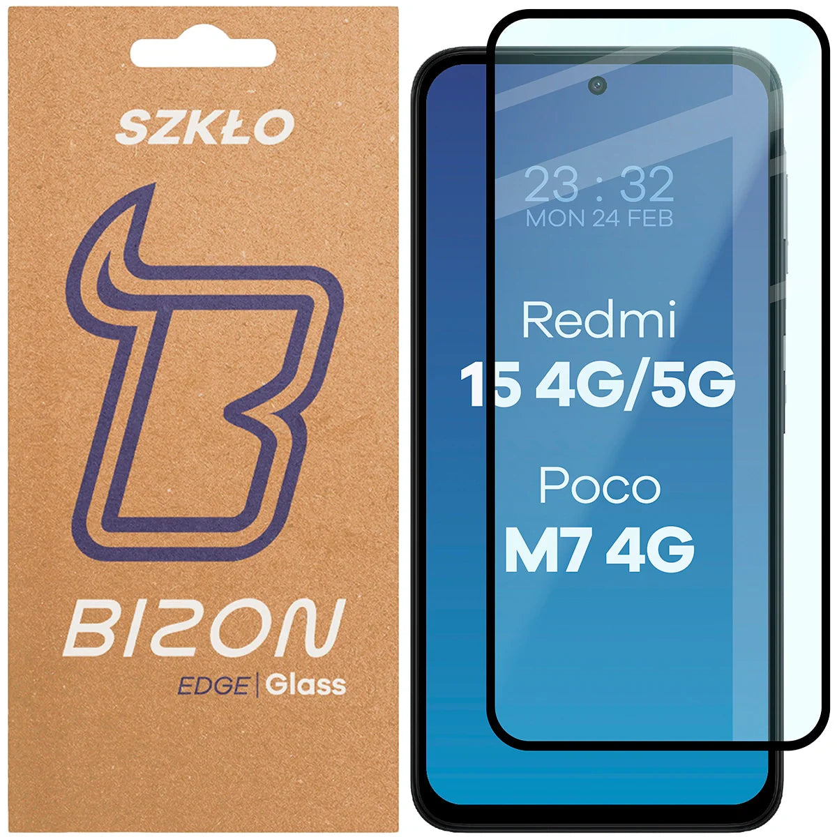 Gehärtetes Glas für Xiaomi Redmi 15 4G / 5G / POCO M7 4G, Bizon Glass Edge 2, Schwarzer Rahmen