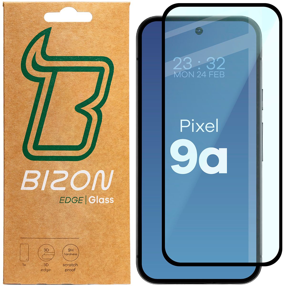 Gehärtetes Glas für Google Pixel 9a, Bizon Glass Edge, Schwarzer Rahmen