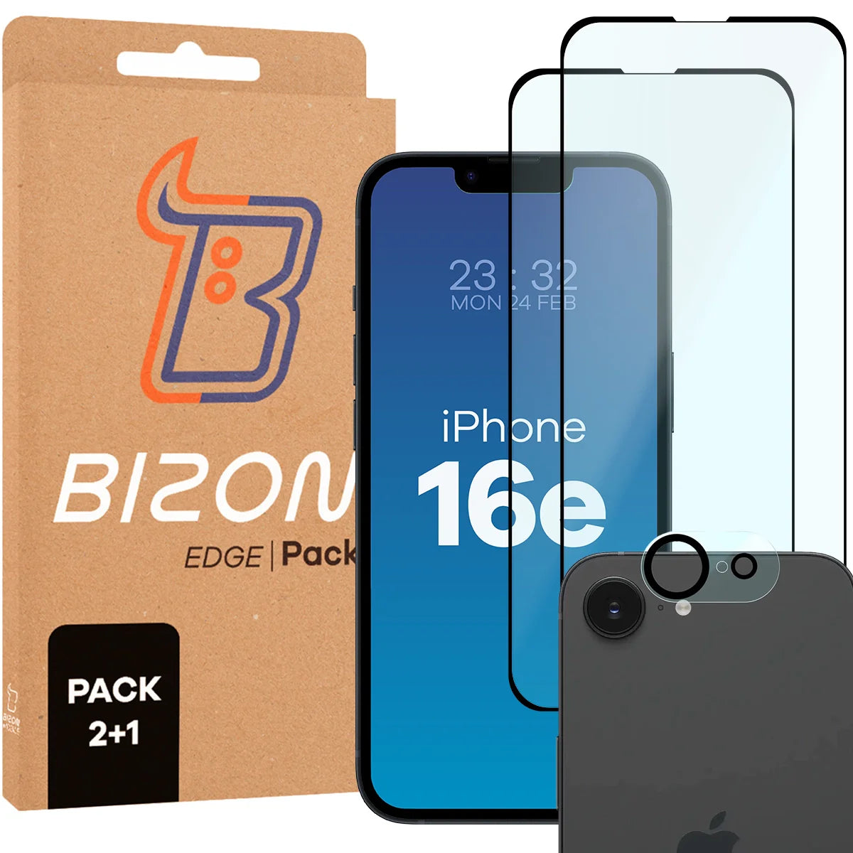 Gehärtetes Glas - 2 Stück + Kameraschutz für iPhone 16e, Bizon Glass Edge 2 Pack, Schwarz