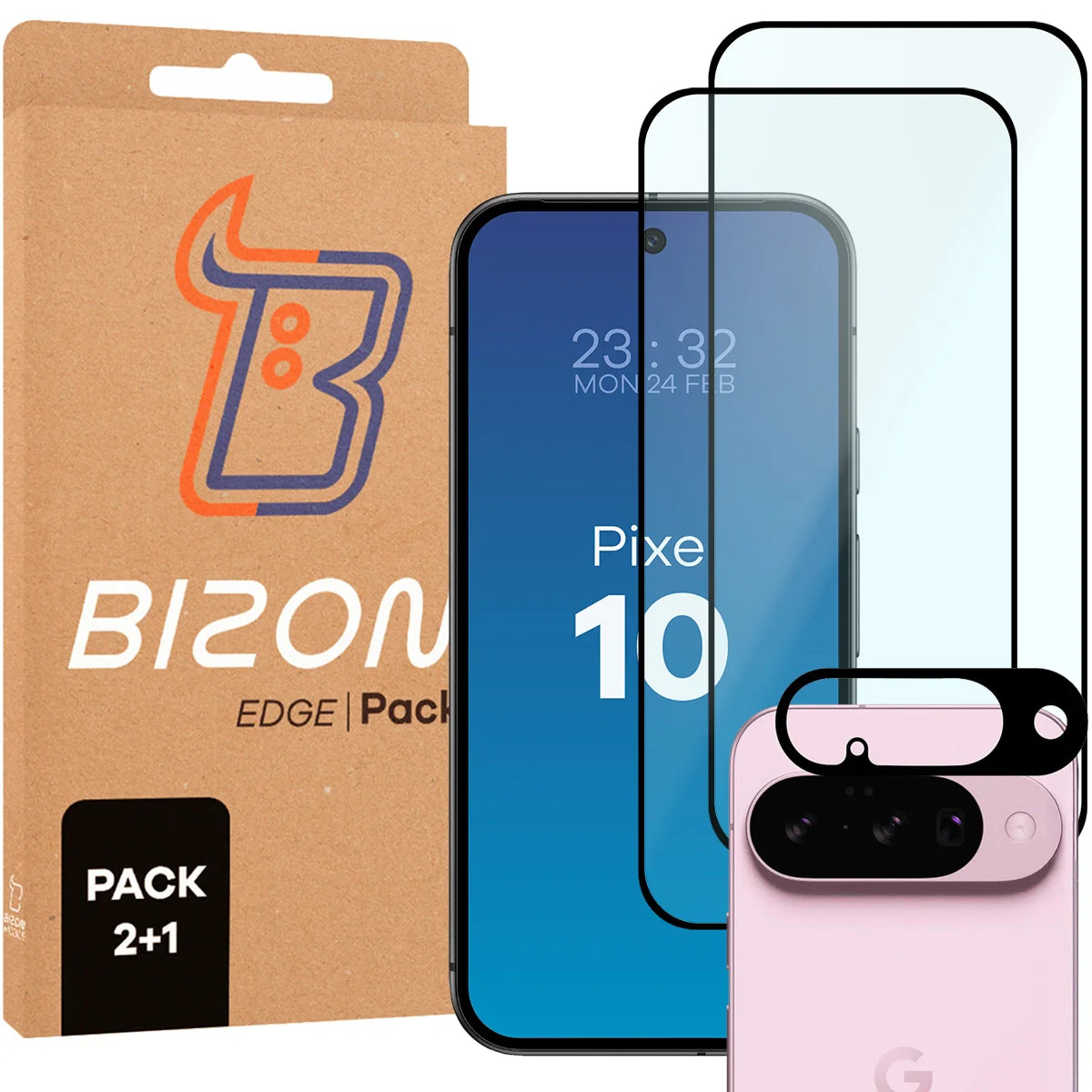 Gehärtetes Glas - 2 Stück + Kameraschutz für Google Pixel 10, Bizon Glass Edge Pack, Schwarz
