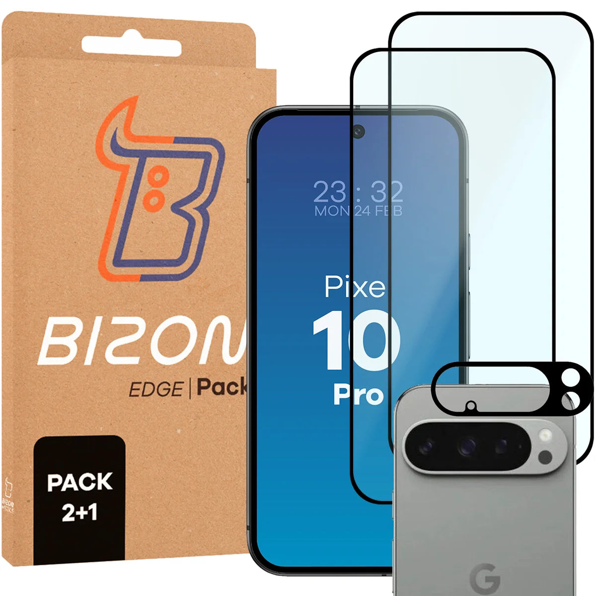 Gehärtetes Glas - 2 Stück + Kameraschutz für Google Pixel 10 Pro, Bizon Glass Edge Pack, Schwarz