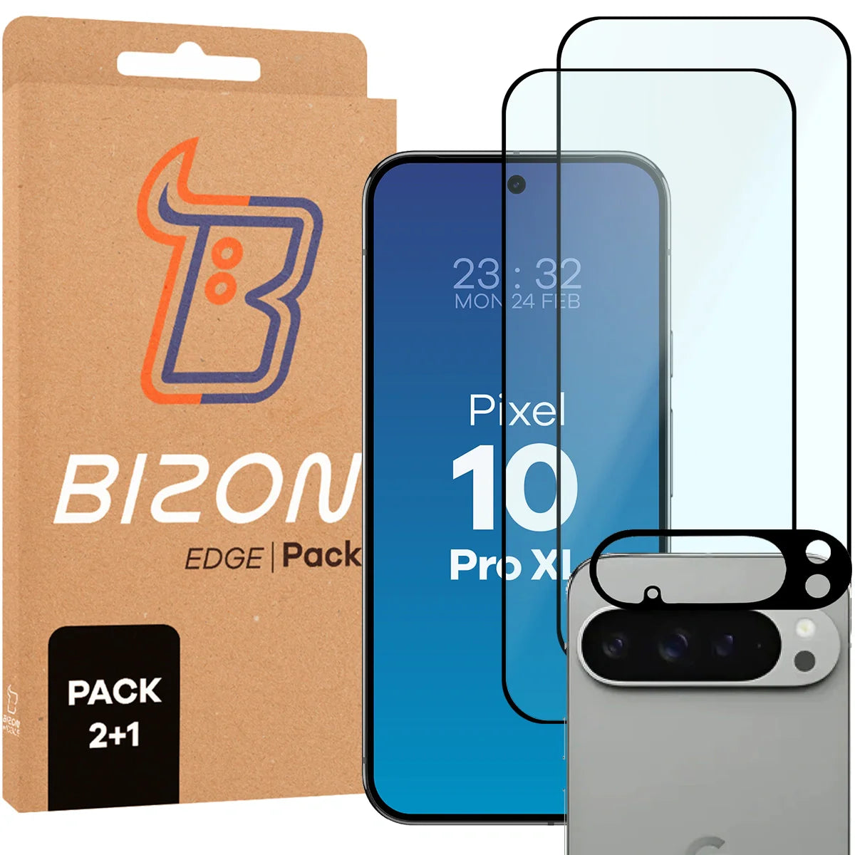 Gehärtetes Glas - 2 Stück + Kameraschutz für Google Pixel 10 Pro XL, Bizon Glass Edge Pack, Schwarz