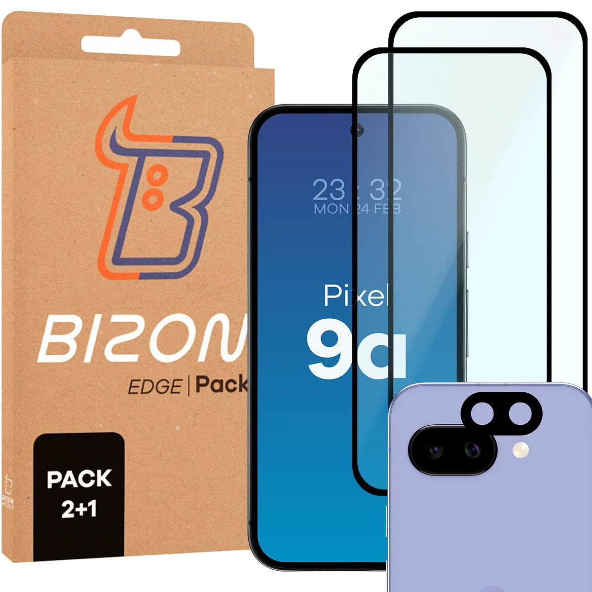 Gehärtetes Glas - 2 Stück + Kameraschutz für Pixel 9a, Bizon Glass Edge Pack, Schwarz
