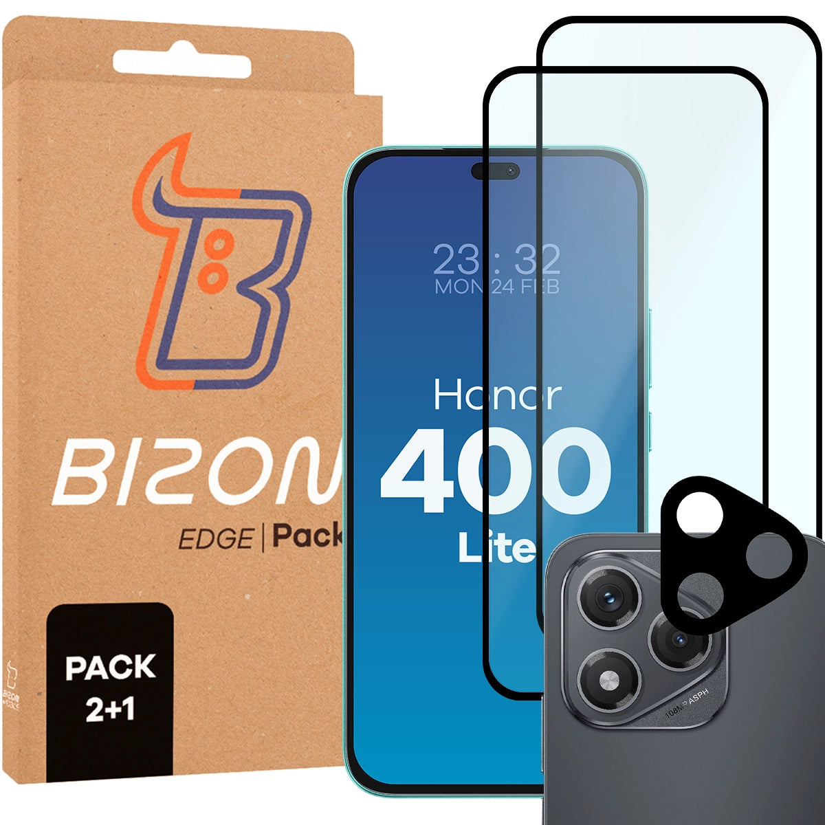 Gehärtetes Glas - 2 Stück + Kameraschutz für Honor 400 Lite, Bizon Glass Edge 2 Pack, Schwarz