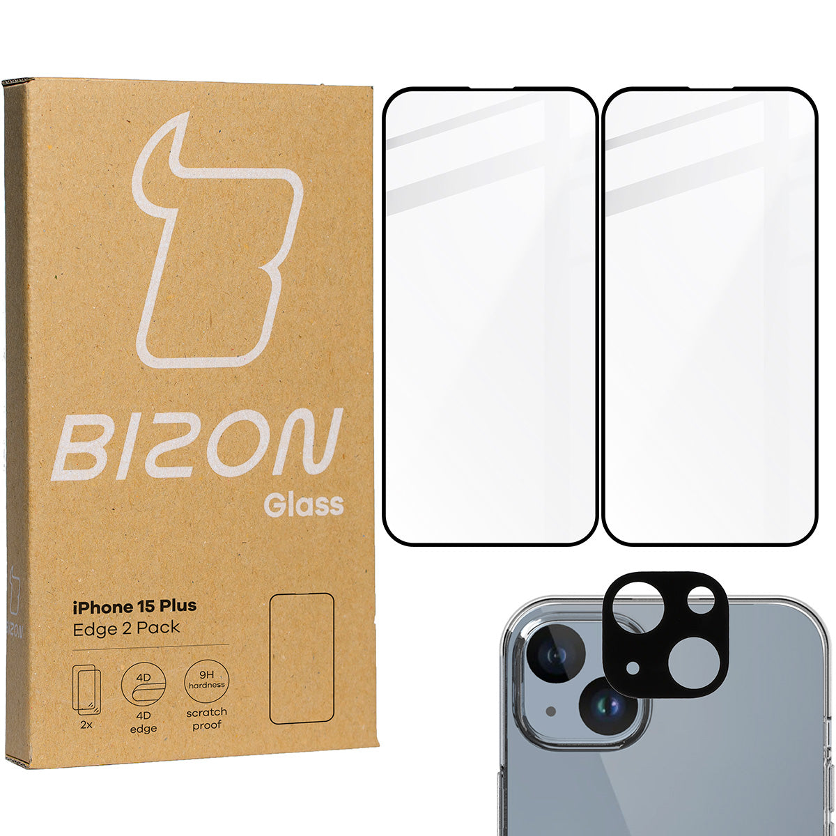 Gehärtetes Glas Bizon Glass Edge 2 Pack - 2 Stück + Kameraschutz für iPhone 15 Plus, Schwarz
