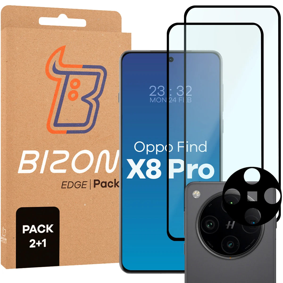 Gehärtetes Glas - 2 Stück + Kameraschutz für Oppo Find X8 Pro, Bizon Glass Edge 2 Pack, Schwarz