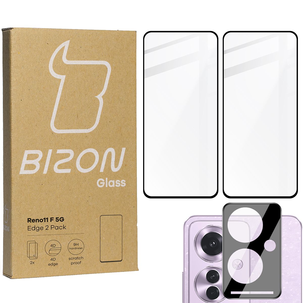 Gehärtetes Glas 2 Stück + Kameraschutz für Oppo Reno11 F 5G, Bizon Glass Edge Pack, Schwarz