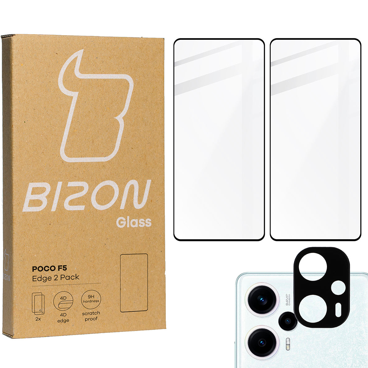 Gehärtetes Glas Bizon Glass Edge Pack - 2 Stück + Kameraschutz für Xiaomi Poco F5, Schwarz