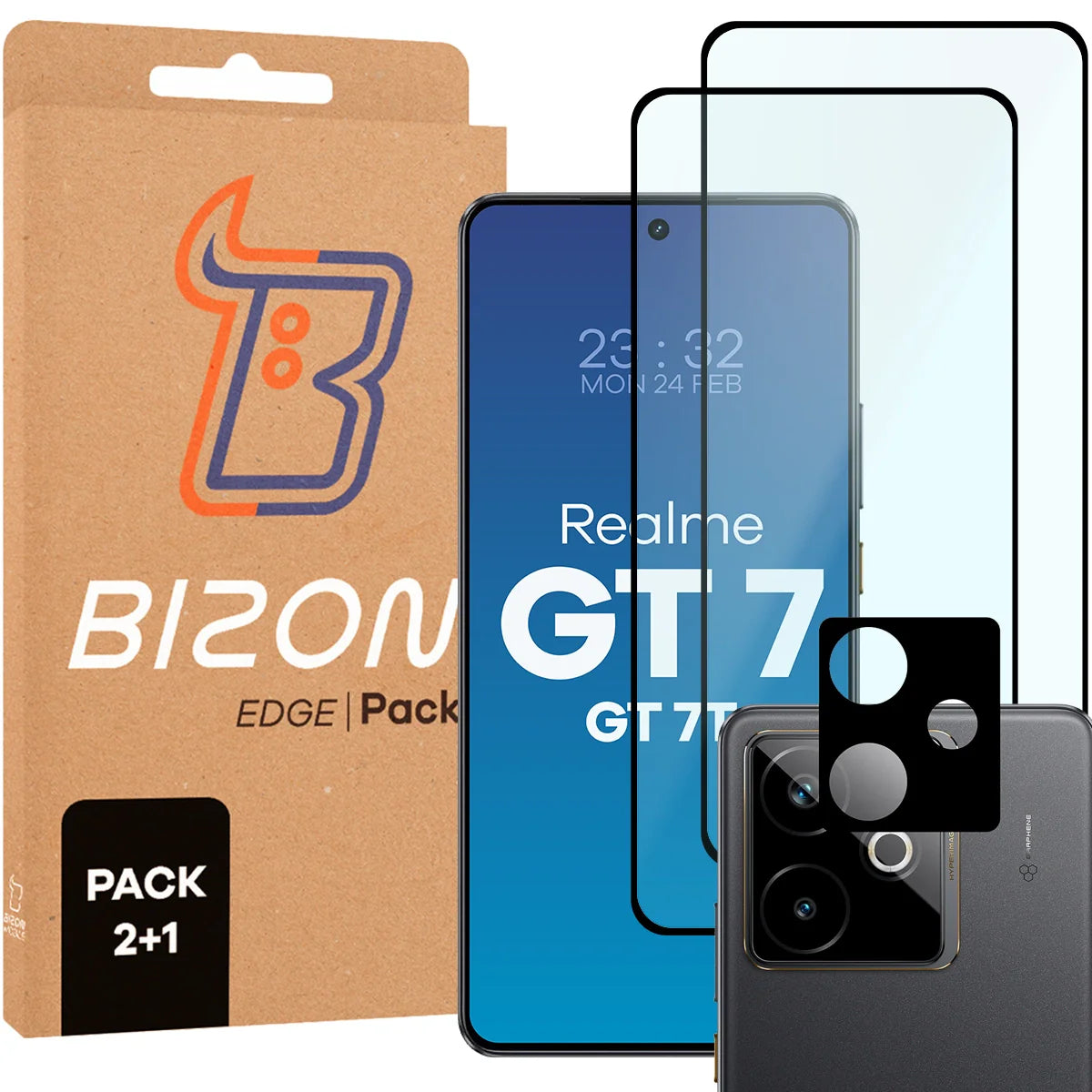 Gehärtetes Glas - 2 Stück + Kameraschutz für Realme GT 7 / 7T, Bizon Glass Edge 2 Pack, Schwarz