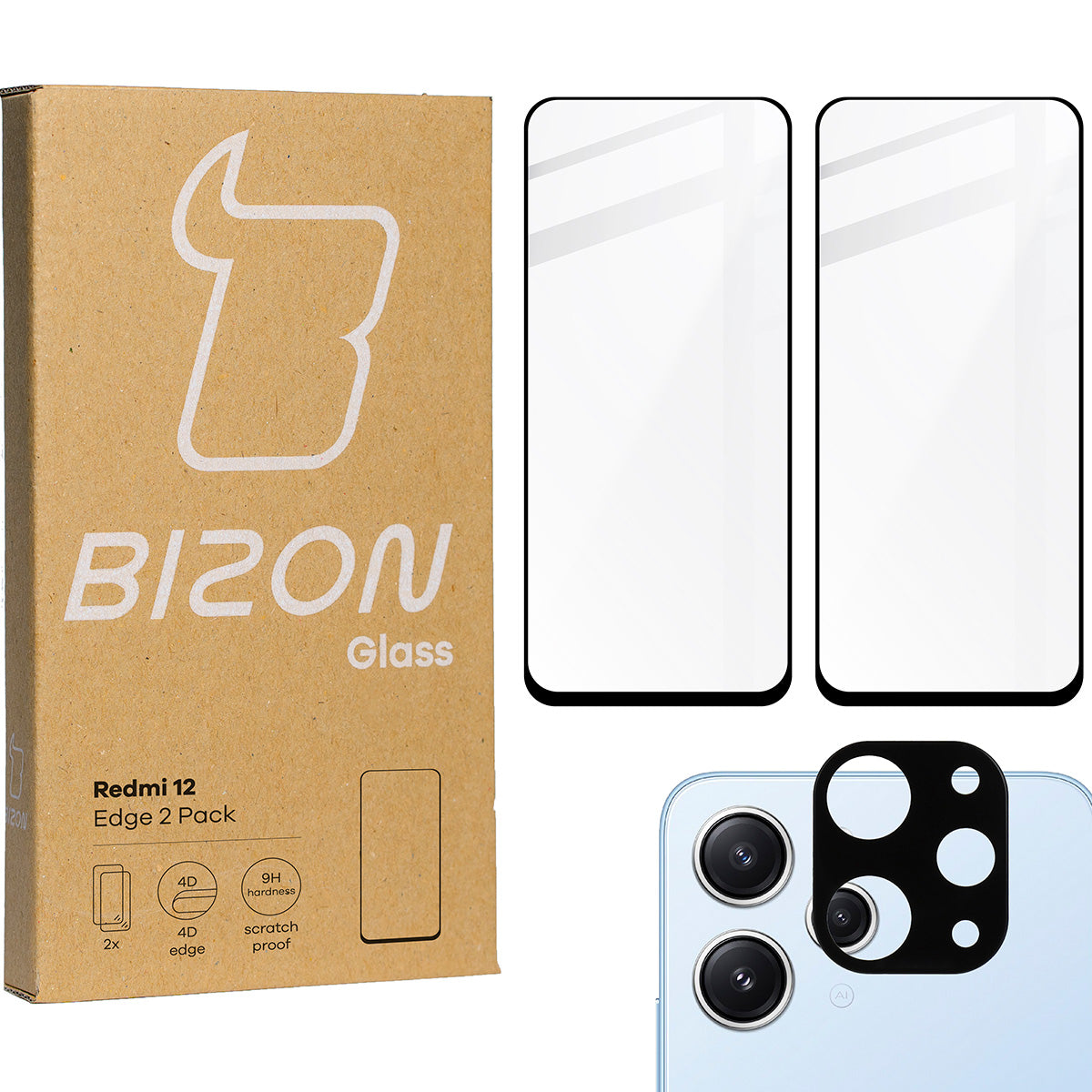 Gehärtetes Glas Bizon Glass Edge 2 Pack - 2 Stück + Kameraschutz für Redmi 12, Schwarz
