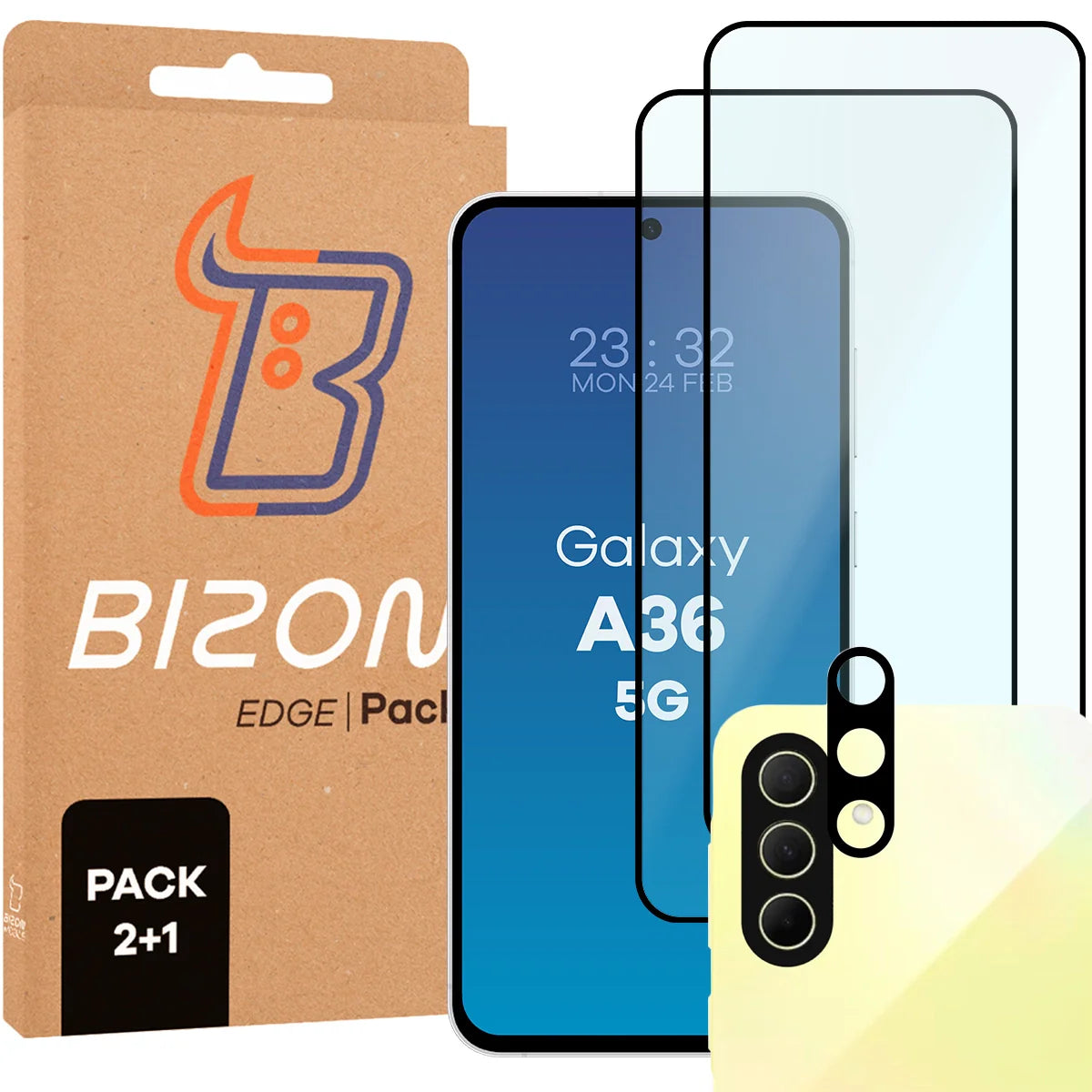 Gehärtetes Glas - 2 Stück + Kameraschutz für Galaxy A36 5G, Bizon Glass Edge 2 Pack, Schwarz