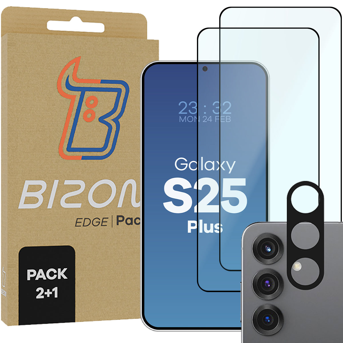 Gehärtetes Glas - 2 Stück + Kameraschutz für Galaxy S25 Plus, Bizon Glass Edge 2 Pack, Schwarz
