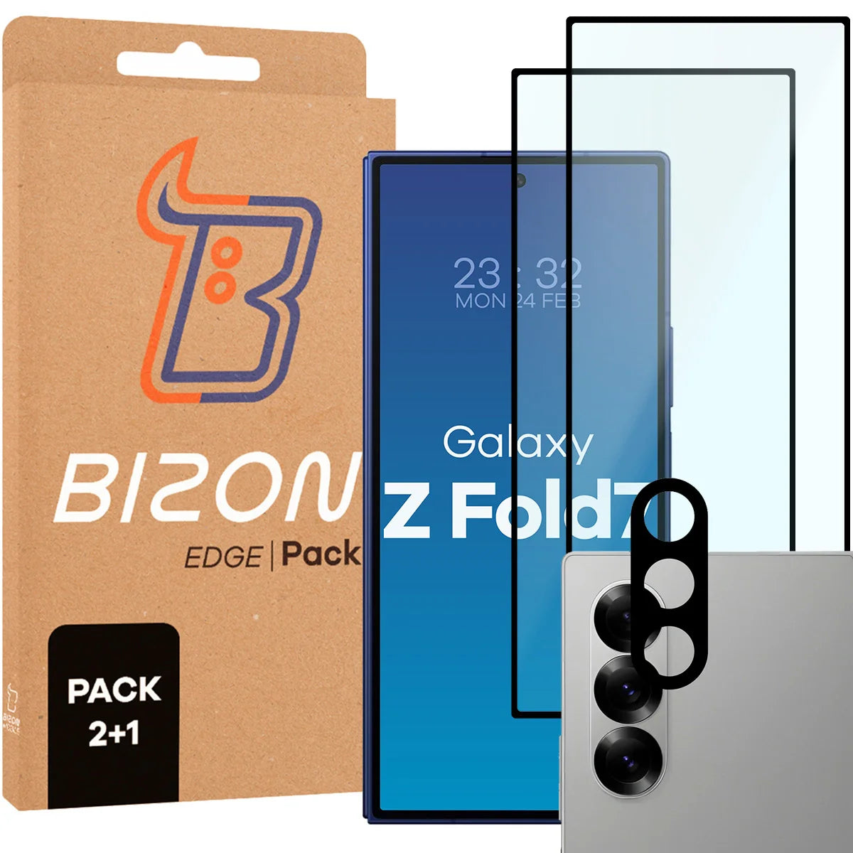 Gehärtetes Glas - 2 Stück + Kameraschutz für Galaxy Z Fold7, Bizon Glass Edge Pack, Schwarz