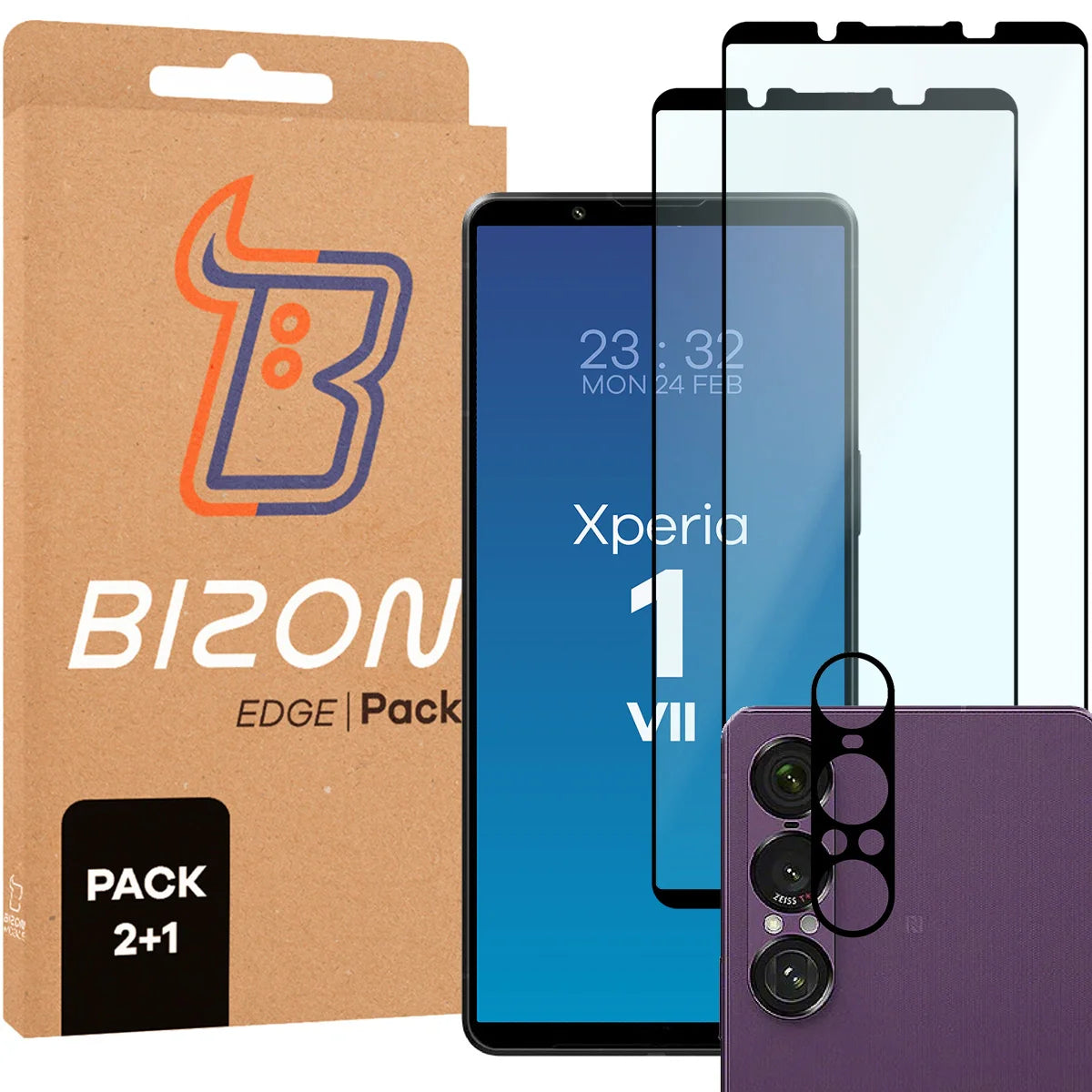 Gehärtetes Glas - 2 Stück + Kameraschutz für Sony Xperia 1 VII, Bizon Glass Edge Pack, Schwarz