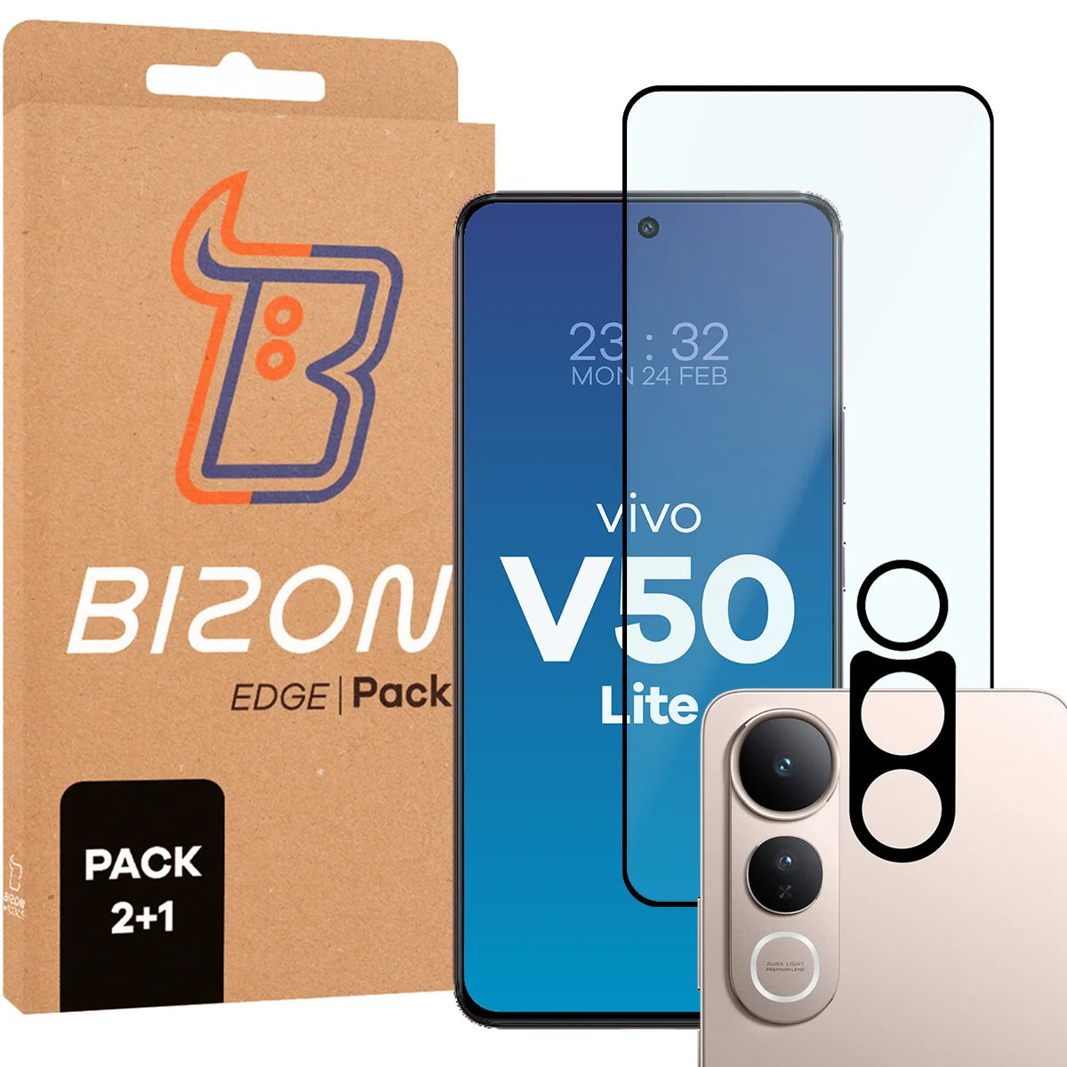 Gehärtetes Glas - 2 Stück + Kameraschutz für Vivo V50 Lite 4G / 5G, Bizon Glass Edge 2 Pack, Schwarz