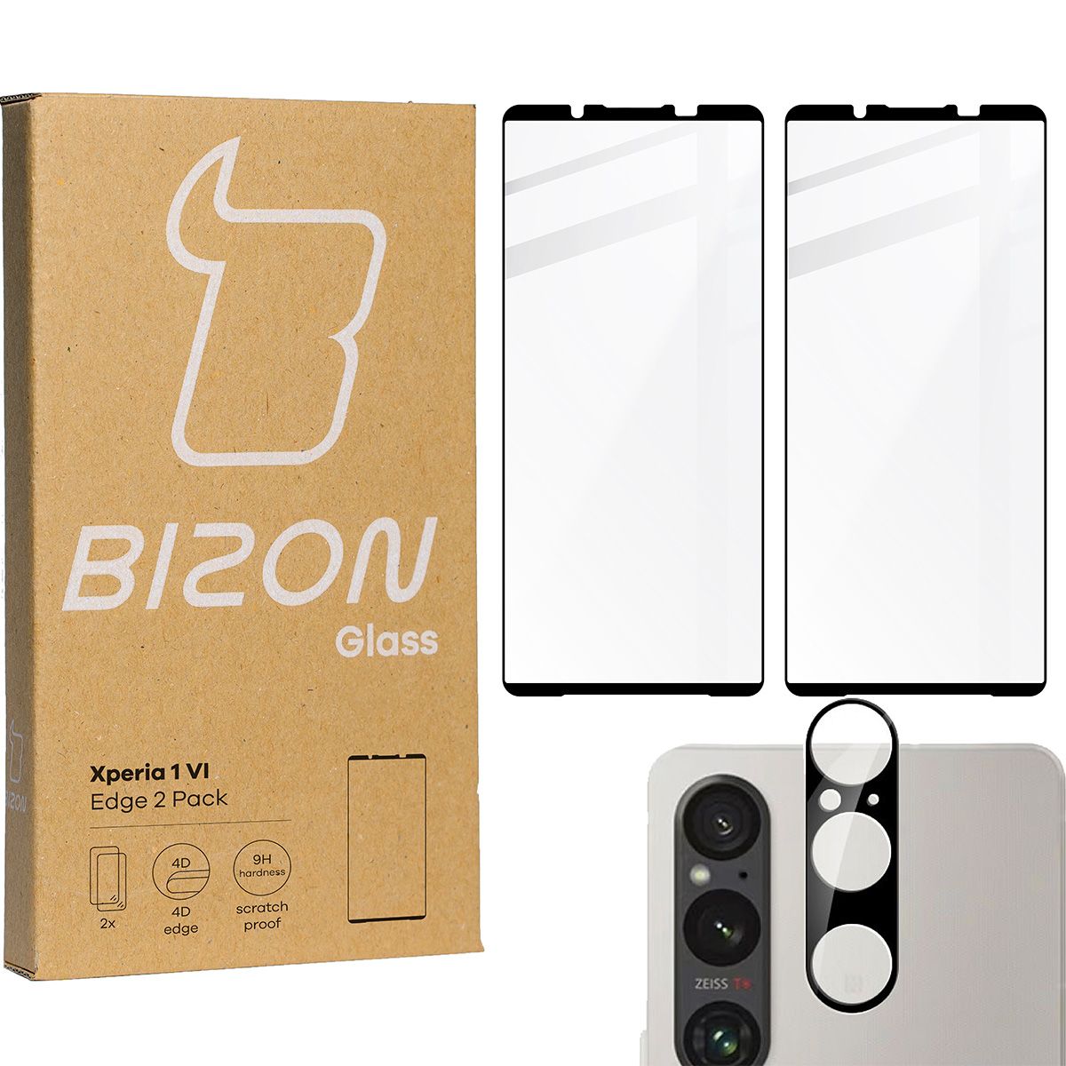 Gehärtetes Glas 2 Stück + Kameraschutz für Sony Xperia 1 VI, Bizon Glass Edge 2 Pack, Schwarz