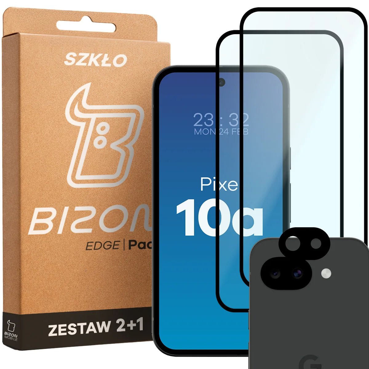Gehärtetes Glas - 2 Stück + Kameraschutz für Google Pixel 10a, Bizon Glass Edge Pack, Schwarz