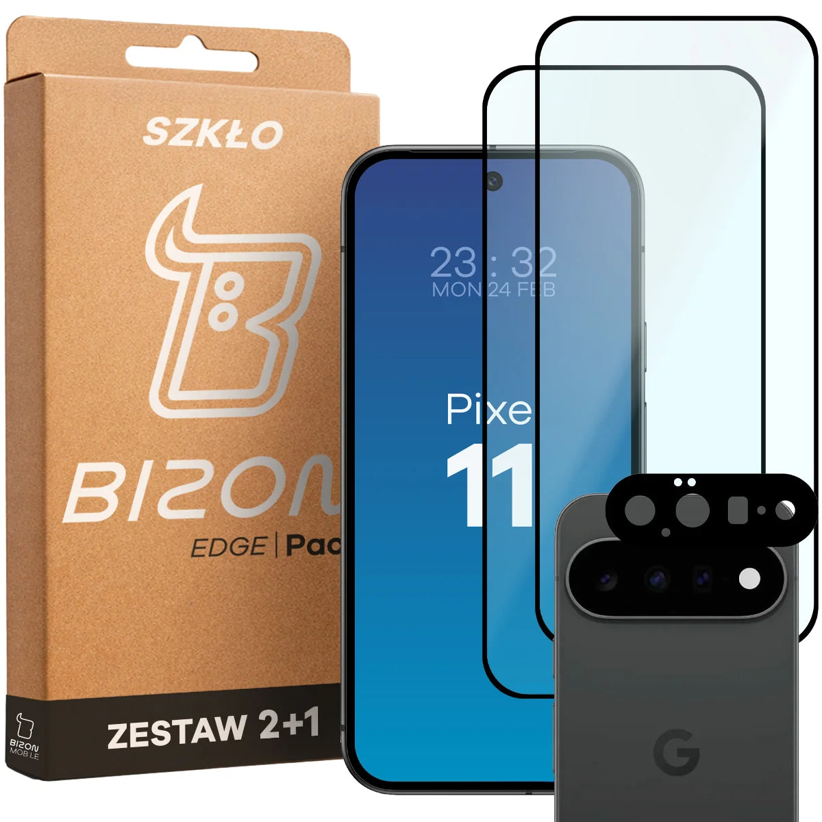Gehärtetes Glas - 2 Stück + Kameraschutz für Google Pixel 11, Bizon Glass Edge Pack, Schwarz